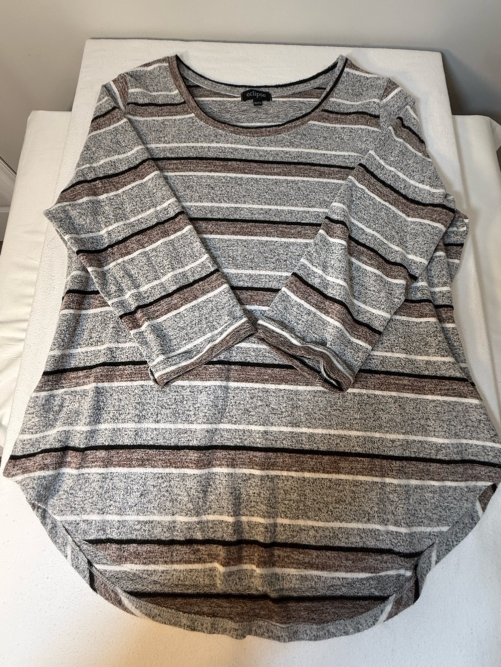 Eclipse Striped Scoop-Neck Long Sleeve Top - Gray & Brown 3/4 length sleeves